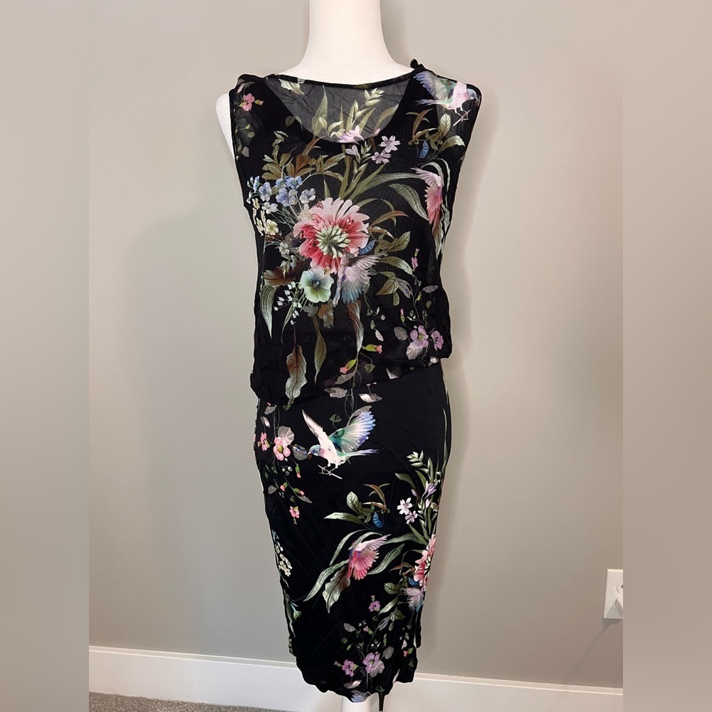 Fuzzi Italy floral mesh sleevless midi-dress (size S) - Botanical Print
